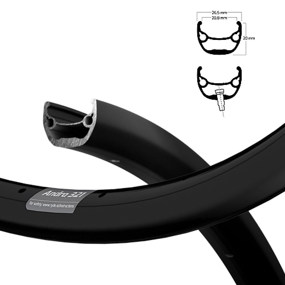 Ryde ANDRA 321 Disc Fahrradfelge schwarz, mit Querschnitt und Detailmaßen der 32 Loch Felge.