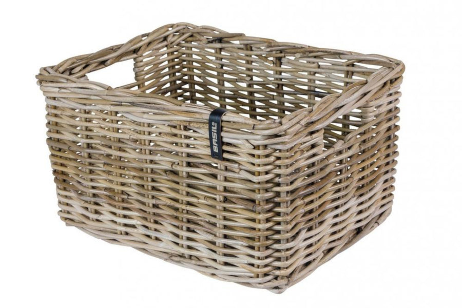 Grauer Basil Dax S Rattan Fahrradkorb, gewebt, umweltfreundlich, ideal für Transporträder, ohne Befestigungsmaterial.