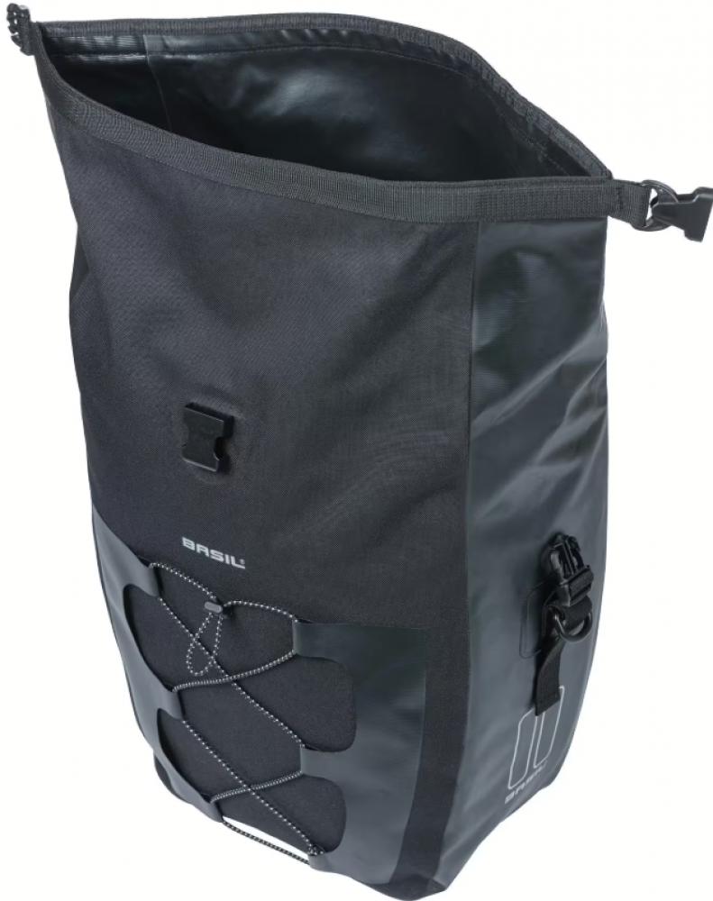 Basil Navigator Waterproof L MIK Studs - Einzelfahrradtasche 22 l, schwarz (Tarpaulin + 600D Polyester, wasserdicht IPX3, Rollverschluss, reflektierendes Gummiband)