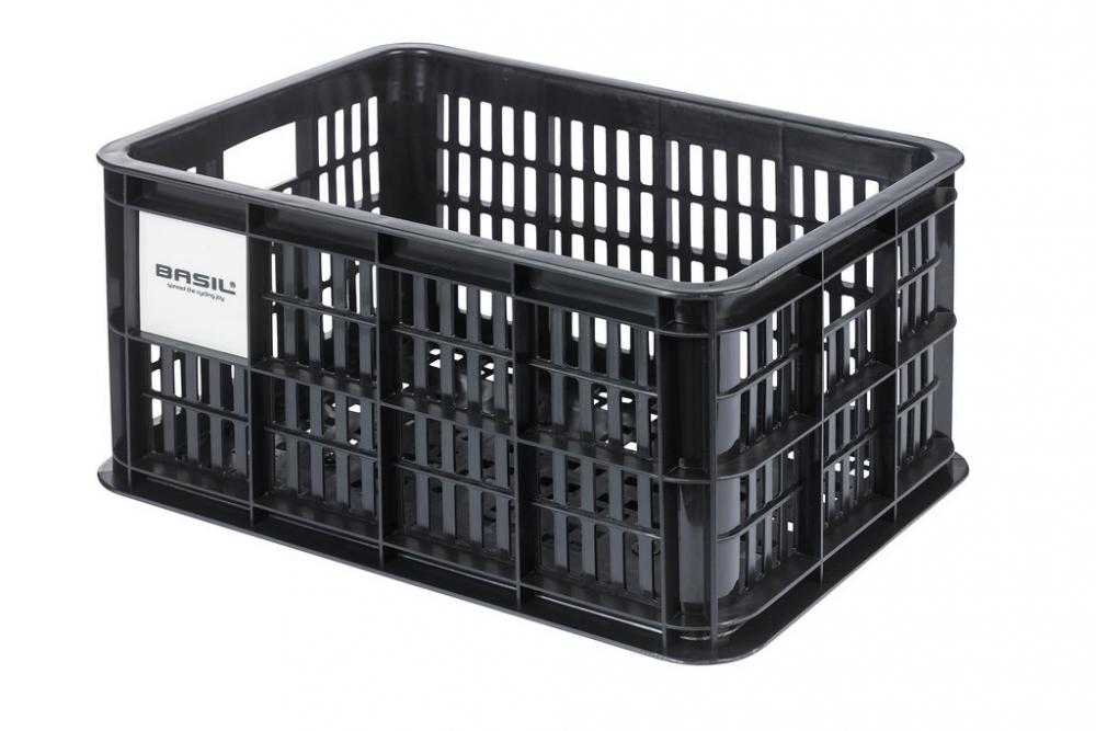 Basil Crate S MIK Fahrradkiste 17,5 Liter schwarz aus recyceltem Kunststoff mit vormontierter MIK-Adapterplatte.