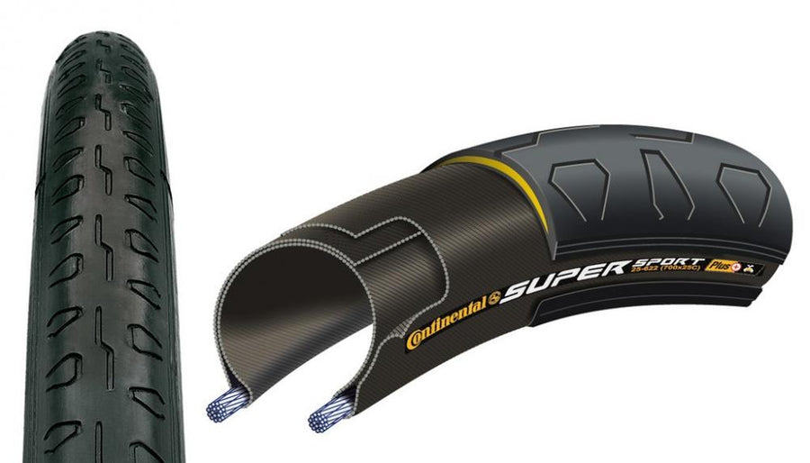 Continental Super Sport Plus Faltreifen 25-622 schwarz, Profil und Querschnitt mit Pannenschutz.