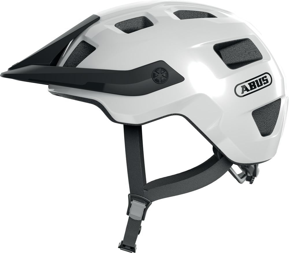 ABUS Fahrradhelm MoTrip shiny white M 54-58 Zentimeter - MTB-Helm mit In-Mold, Zoom Spin Verstellsystem, Visier und hoher Schutzpassform