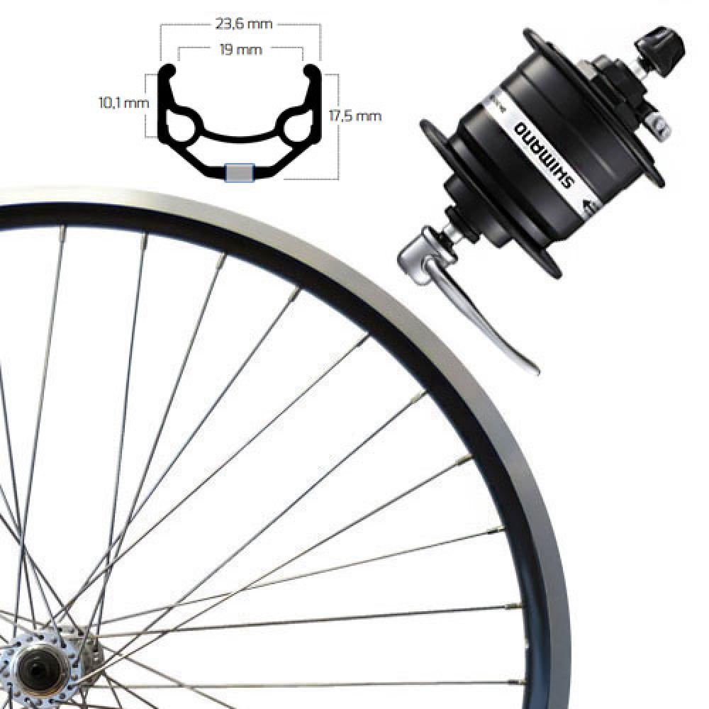 Roland 28" Vorderrad schwarz, SE ZAC 19 Alufelge, Shimano Nabendynamo DH-3N31-QR und Felgenquerschnitt.
