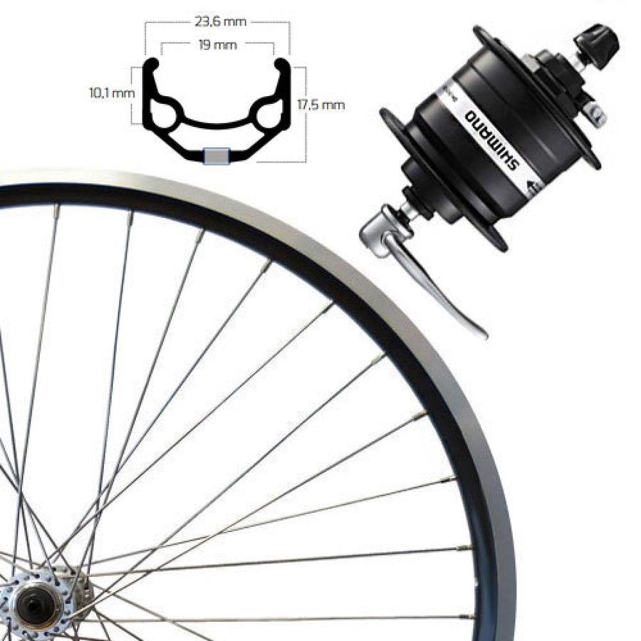 Roland 28" Vorderrad schwarz, SE ZAC 19 Alufelge, Shimano Nabendynamo DH-3N31-QR und Felgenquerschnitt.