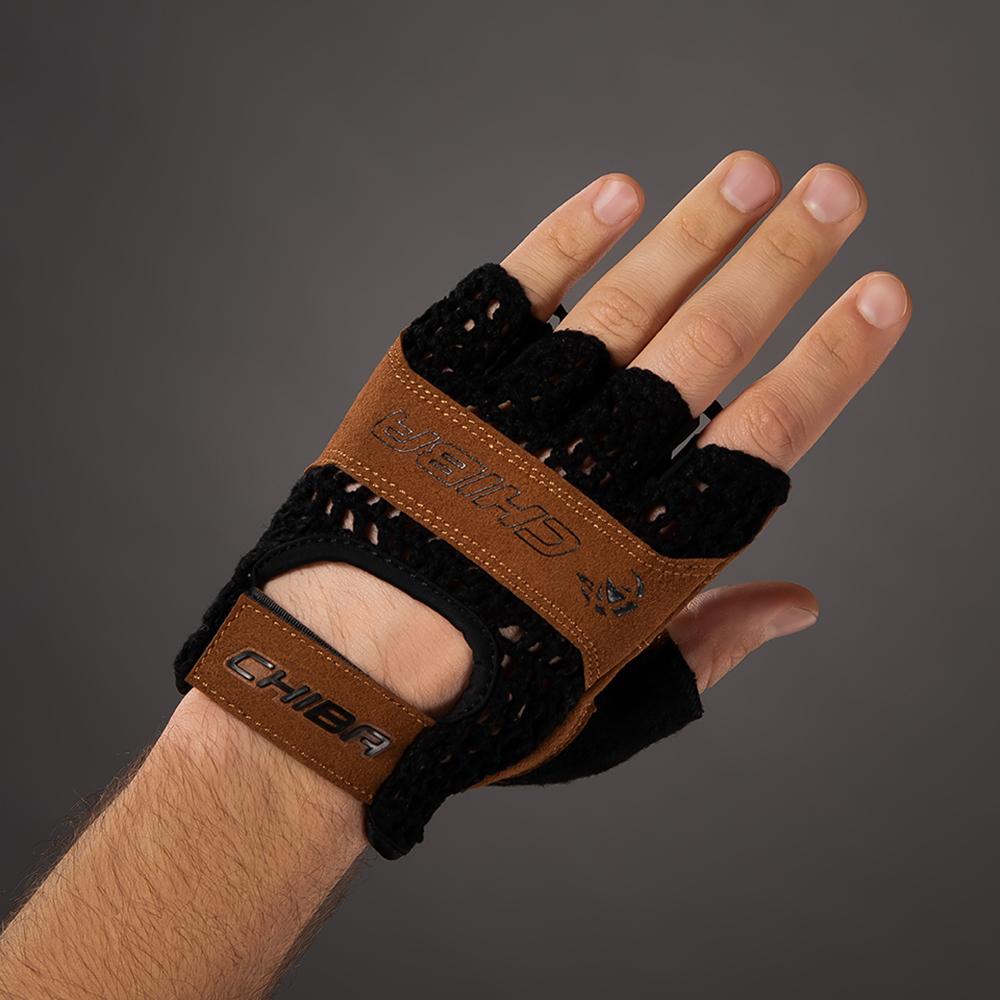 CHIBA Retro - Radhandschuhe XS schwarz/braun, gehäkelte Oberhand, gepolstert