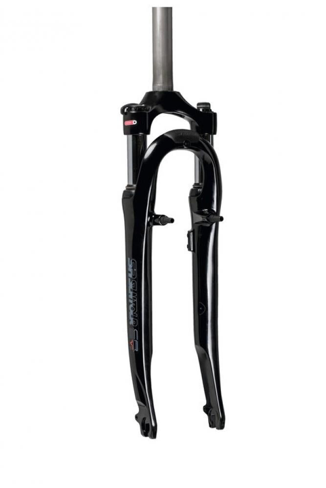 Schwarze Federgabel SR SF13 CR-8V 26 Zoll, 1 1/8 Zoll Gabelschaft, 50mm Federweg, 180mm Schaftlänge.