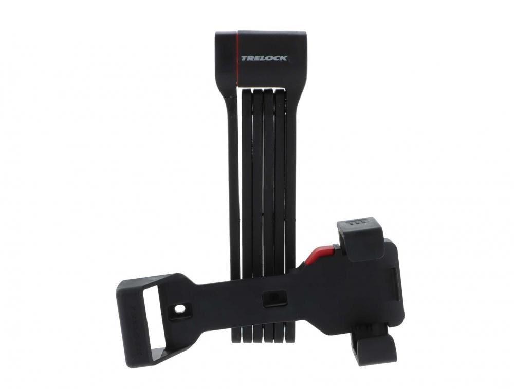 Trelock Faltschloss Cops FS 480/100 schwarz mit Halterung ZF480 X-Press auf weißem Hintergrund.