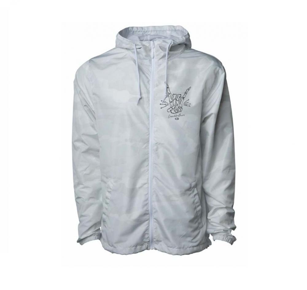 Crankbrothers Windbreaker Range Rock & Roll Herren Größe L weiß mit Camo-Muster und Handzeichen-Print.
