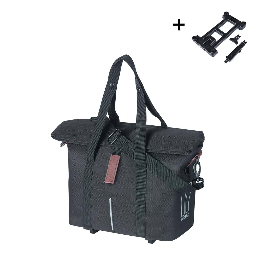 Basil City MIK 2.0-KF-Hook schwarze, wasserabweisende Fahrrad-Handtasche mit Adapterplatte & Reflektor.