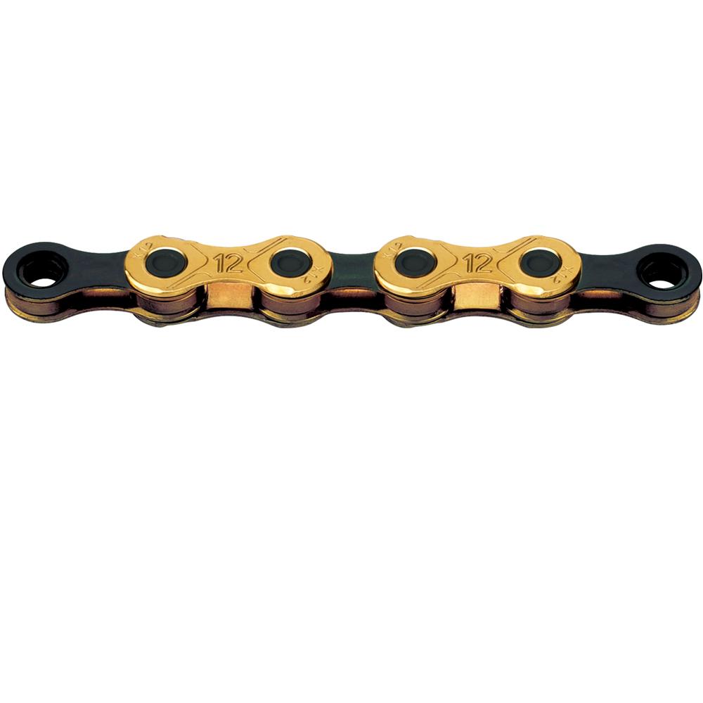 KMC X12 Fahrradkette 12-fach, gold-schwarz, mit '12' auf den Laschen.