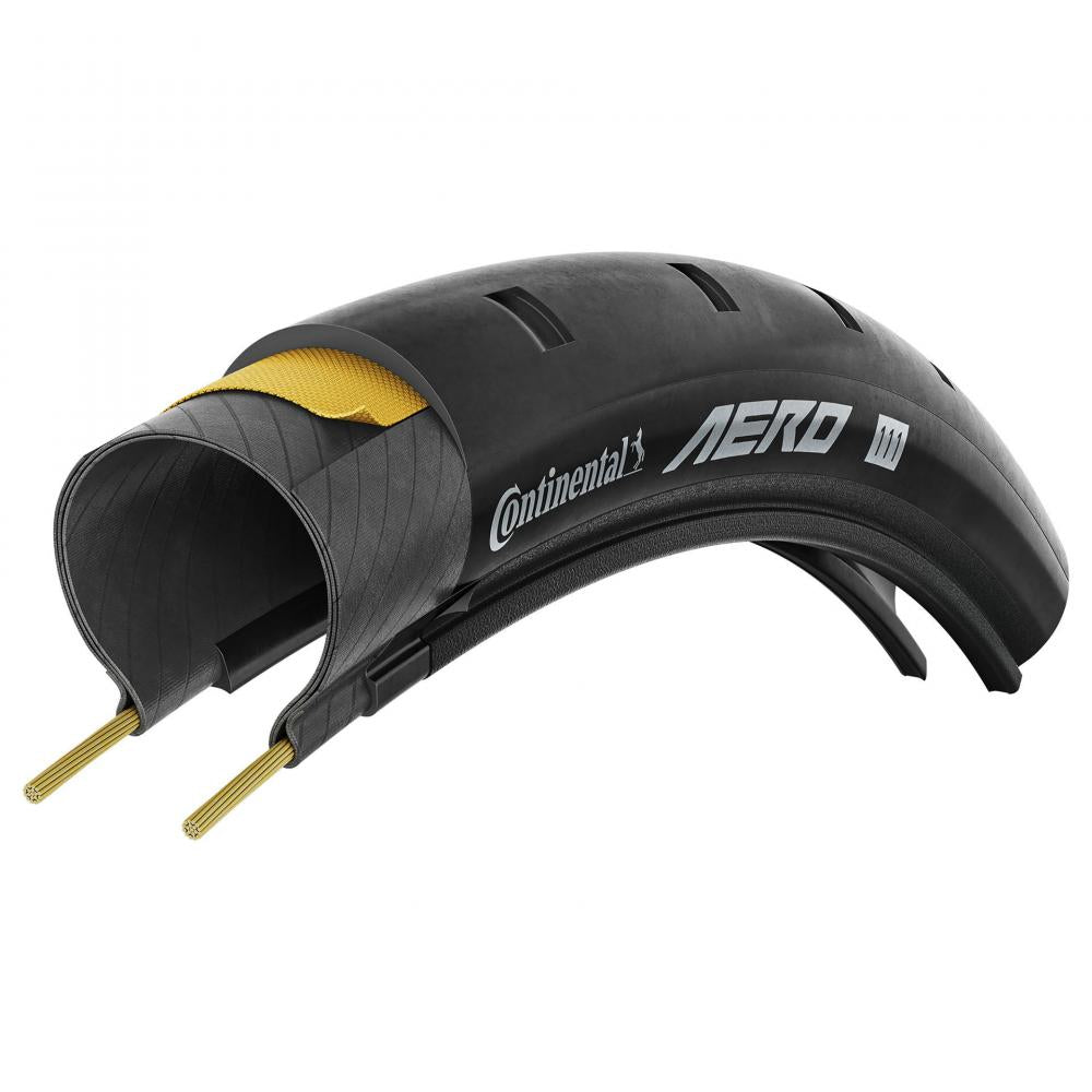 Continental Aero Rennradreifen, schwarz, im Querschnitt mit gelber Pannenschutzeinlage.