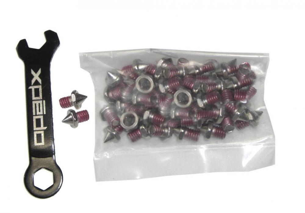 Xpedo Pinset Spike-Type Gewinde 4,5mm Höhe 5mm für Fahrradpedale, inklusive Spikes mit rotem Gewinde und Montageschlüssel.