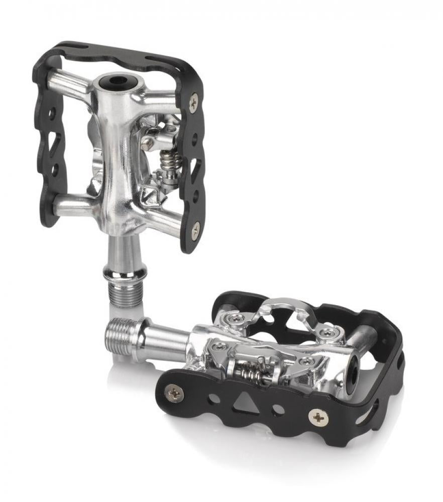 XLC PD-S20 System-Fahrradpedale, SPD-kompatibel, schwarz-silber mit einseitigem Klickmechanismus.