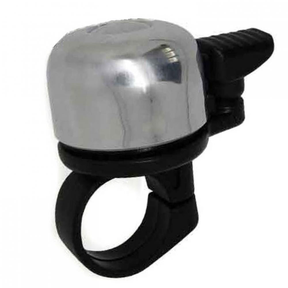 Glänzende, silberne Mounty Miniklingel Billy für Fahrräder mit schwarzem Lenkerclip.