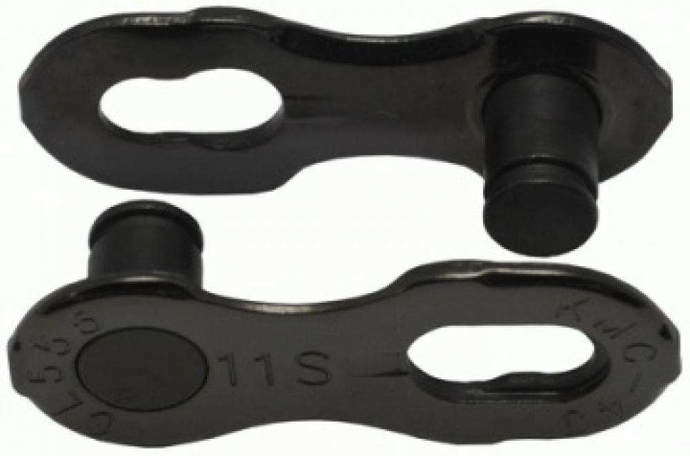 Zwei schwarze KMC Missinglink 11S DLC Kettenverschluss-Teile für Fahrradkette.