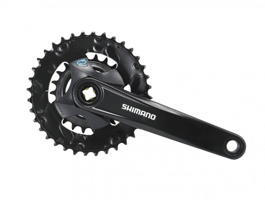 Schwarze SHIMANO FC-M315-2 Kurbelgarnitur, 7/8-fach, 36-22 Zähne, robuste MTB-Antriebseinheit.