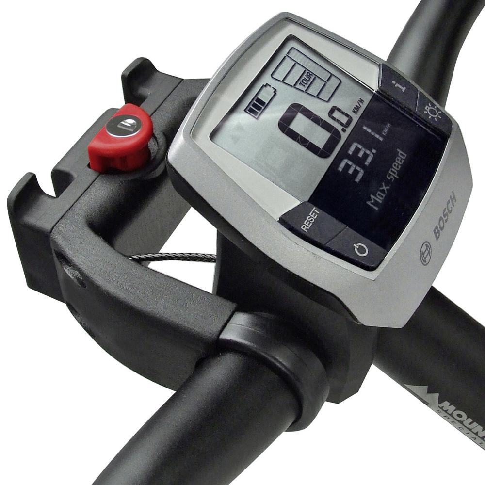 KLICKfix Lenkeradapter E mit Schloss am Fahrradlenker, neben Bosch E-Bike Display.