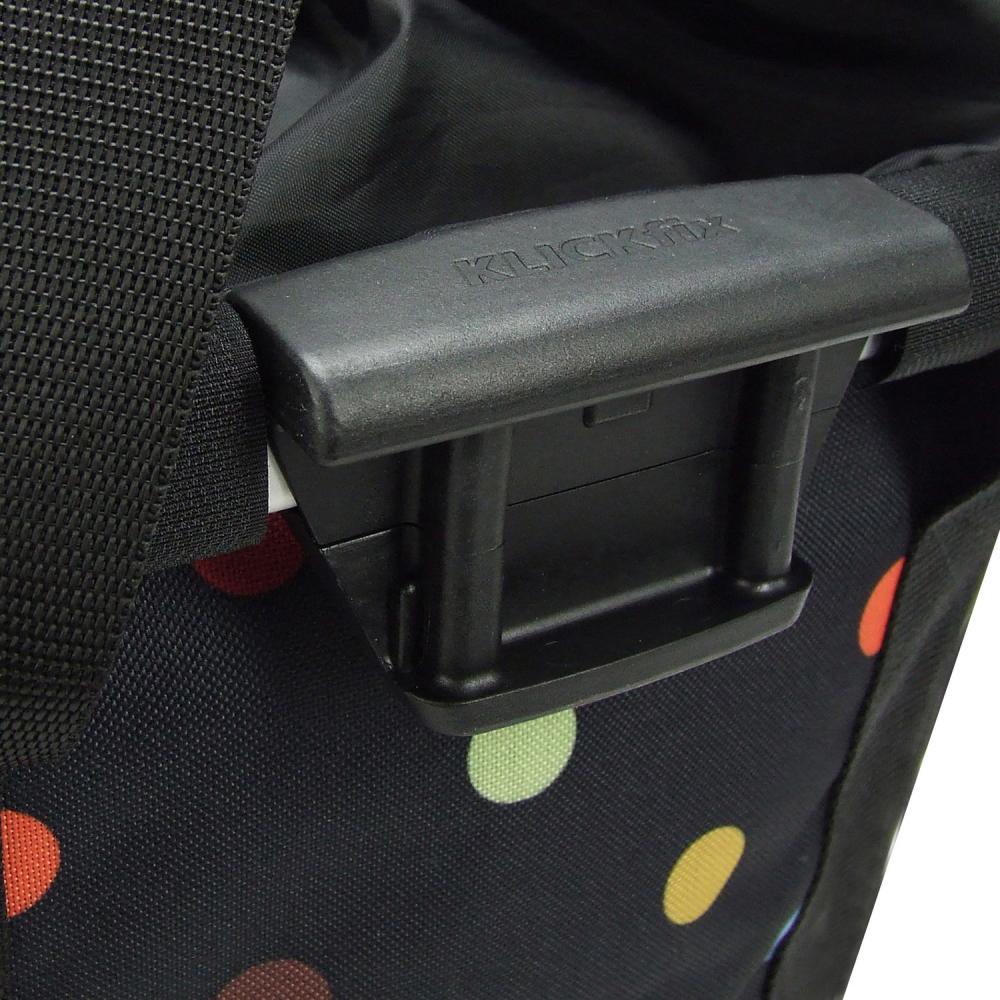KLICKfix Adapter an schwarzem Reisenthel Fahrradkorb mit bunten Punkten