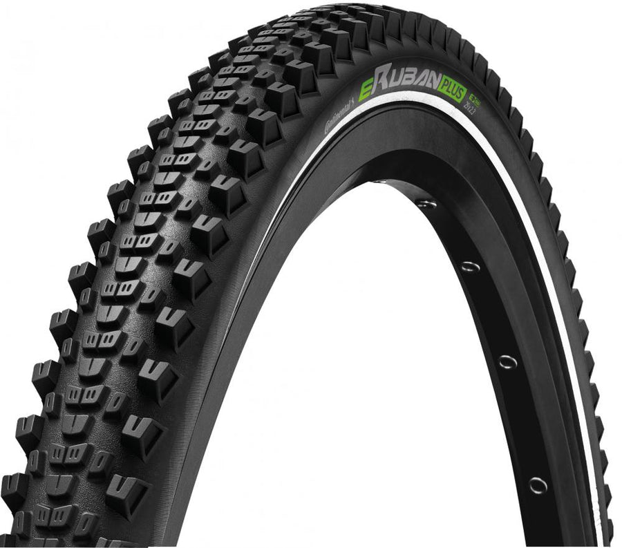 Continental eRuban Plus Fahrradreifen schwarz mit Reflexstreifen und robustem Profil für E-Bikes.
