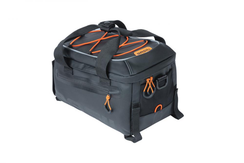 Basil Gepäckträgertasche Miles Tarpaulin schwarz-orange  Wasserdichte Fahrradtasche mit 14 l Volumen, Rollverschluss, Reflektoren & …