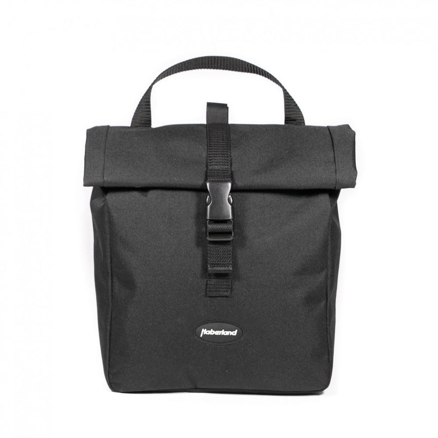 Schwarze Haberland Einzeltasche Service Bag, kompakte Gepäckträgertasche mit Rollverschluss für Ladegerät & Dokumente.