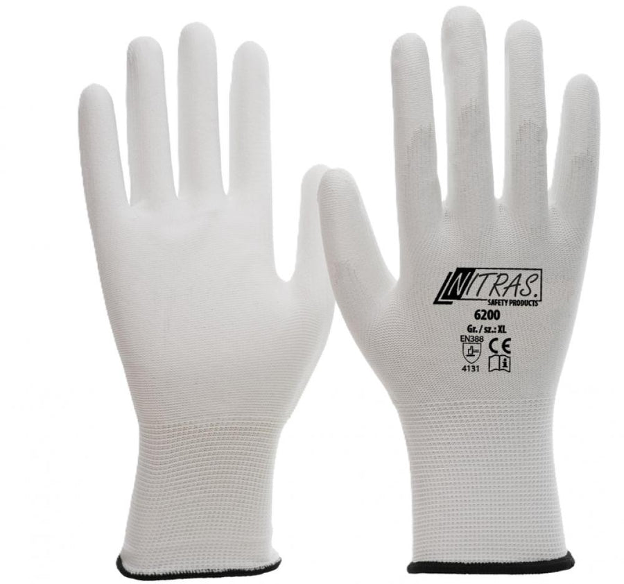 NITRAS 6200 PU Feinstrickhandschuh Gr. 6 - Weiß, Nylon, PU-Beschichtung, EN 388 4131X, PSA Kat. II