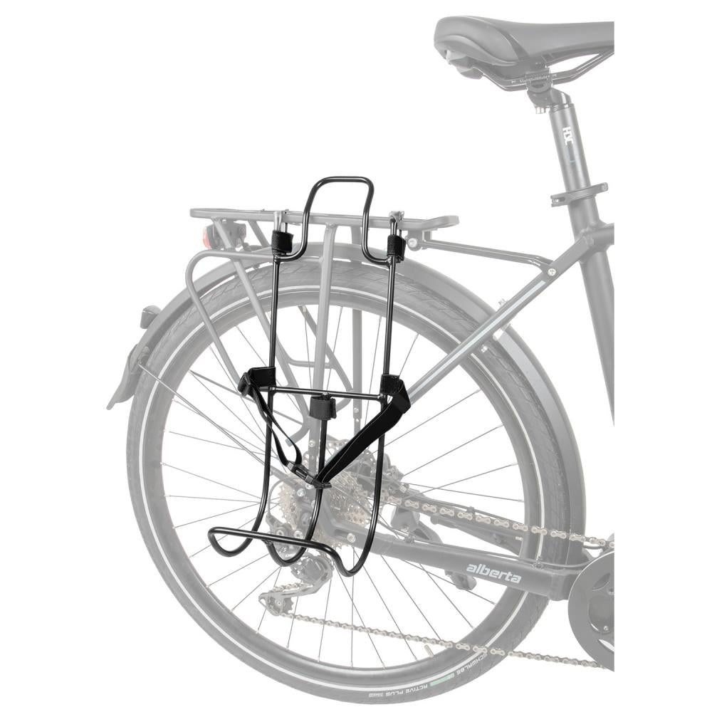 Messingschlager Racky Bag Taschenhalter schwarz aus Aluminium mit Spanngurt seitlich am Fahrrad-Gepäckträger.