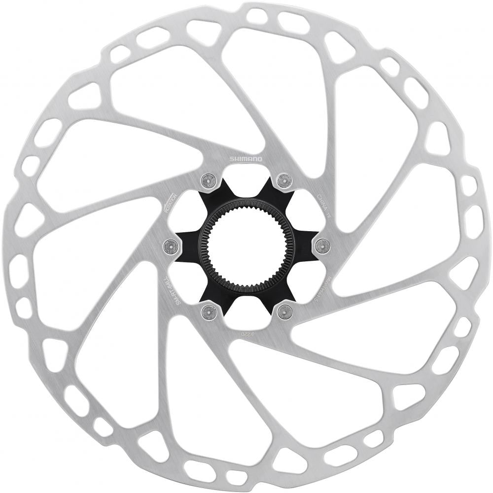 SHIMANO Bremsscheibe SM-RT64 203 mm Center Lock, silber, mit Verschlussring und Außenverzahnung.