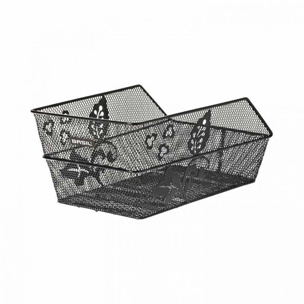 Basil Cento Flower HR-Schultaschenkorb - schwarz engmaschig Stahl festmontiert Blumenmotiv 39x24x20 5 cm stabil bis 10 kg belastbar - Gepäckträgerkorb