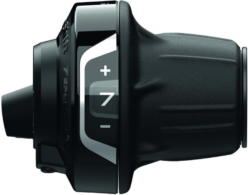 SHIMANO TOURNEY SL-RV400 7-fach Drehgriffschalter, schwarzes Fahrradteil mit Ganganzeige und +/- Symbolen.