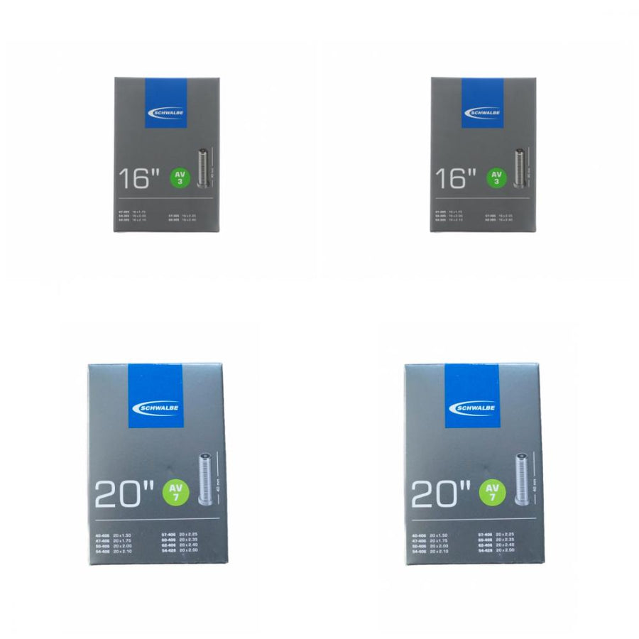 Schwalbe Fahrradschläuche: 2x AV3 16 Zoll (1.75-2.50) & 2x AV7 20 Zoll (1.50-2.50) Set.