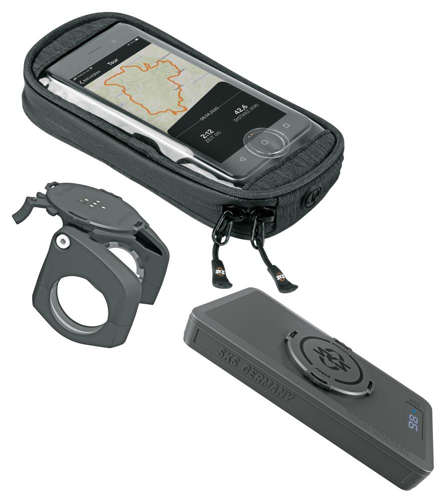 SKS COMPIT+ Fahrrad-Smartphone-Halterung mit 10.000 mAh Powerbank, wasserdichter Tasche und induktivem Laden.