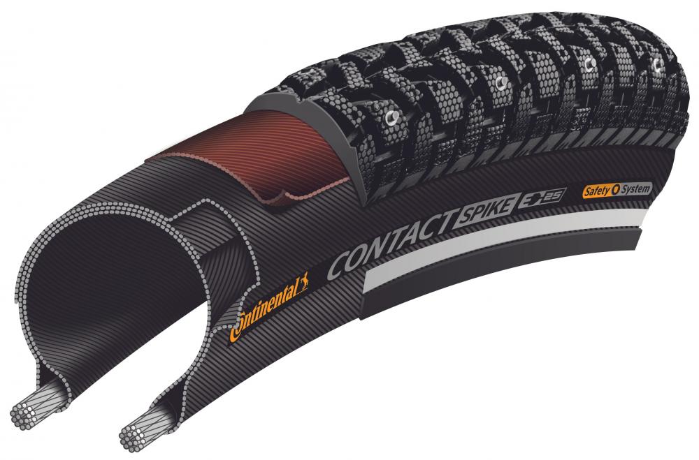 Schnittbild Continental Contact Spike 120 E-25 Reifen mit Spikes, Reflexstreifen und Safety O System für E-Bikes.