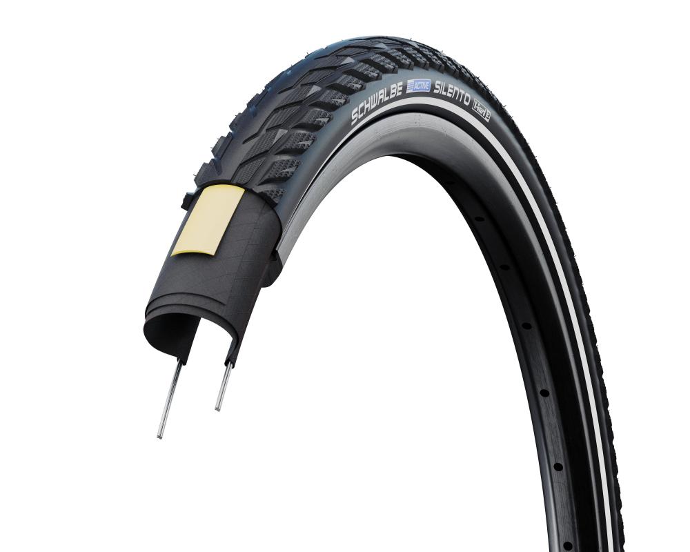 Schwalbe Silento 26x1.75 Fahrradreifen 47-559 K-Guard Active Line im Querschnitt mit Profilansicht auf einer Felge.