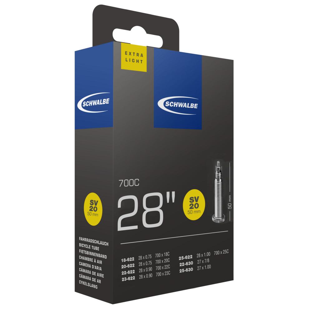 Schwalbe SV20 Extra Light Fahrradschlauch Verpackung, 28x7/8-28x3/4" 18/25-622/630, 50mm Ventil.