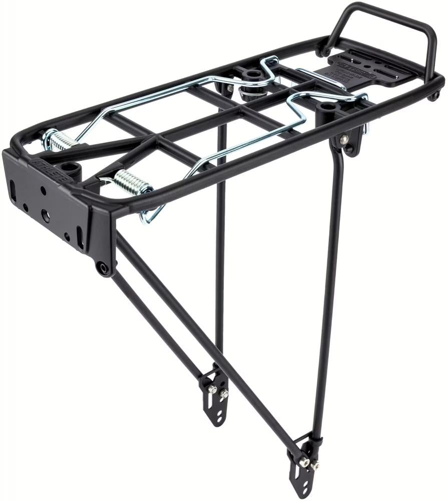 Pletscher Gepäckträger Athlete 26-28 Zoll - verstellbarer Aluminium-Gepäckträger mit Federklappe, klappbarer Taschenabstützung, 3-Punkt-Adaptersystem, Pumpenhalter, schwarz, bis 25 kg Tragkraft