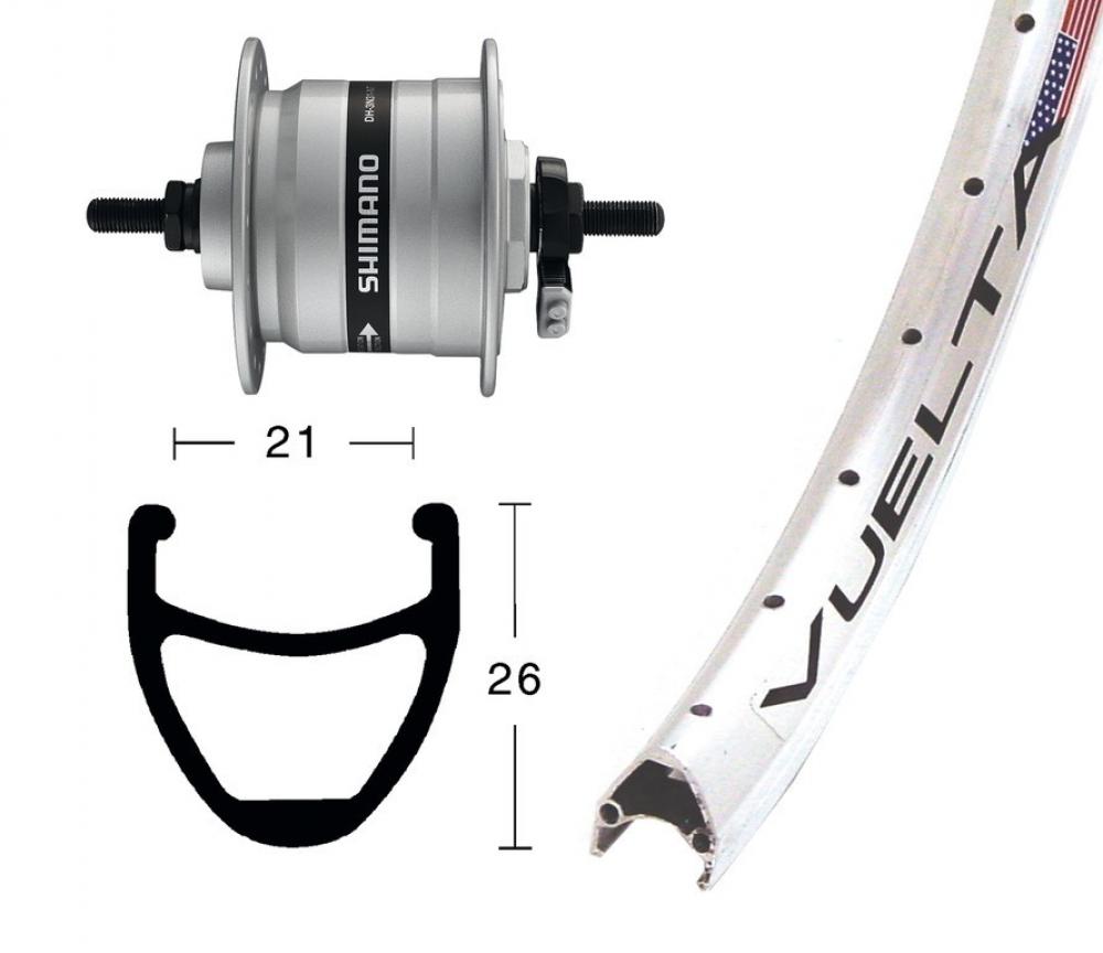 Silbernes 28 Zoll Vorderrad mit Shimano DH-C3003 Nabendynamo und Rodi Airline Felge, Querschnitt 21x26mm.