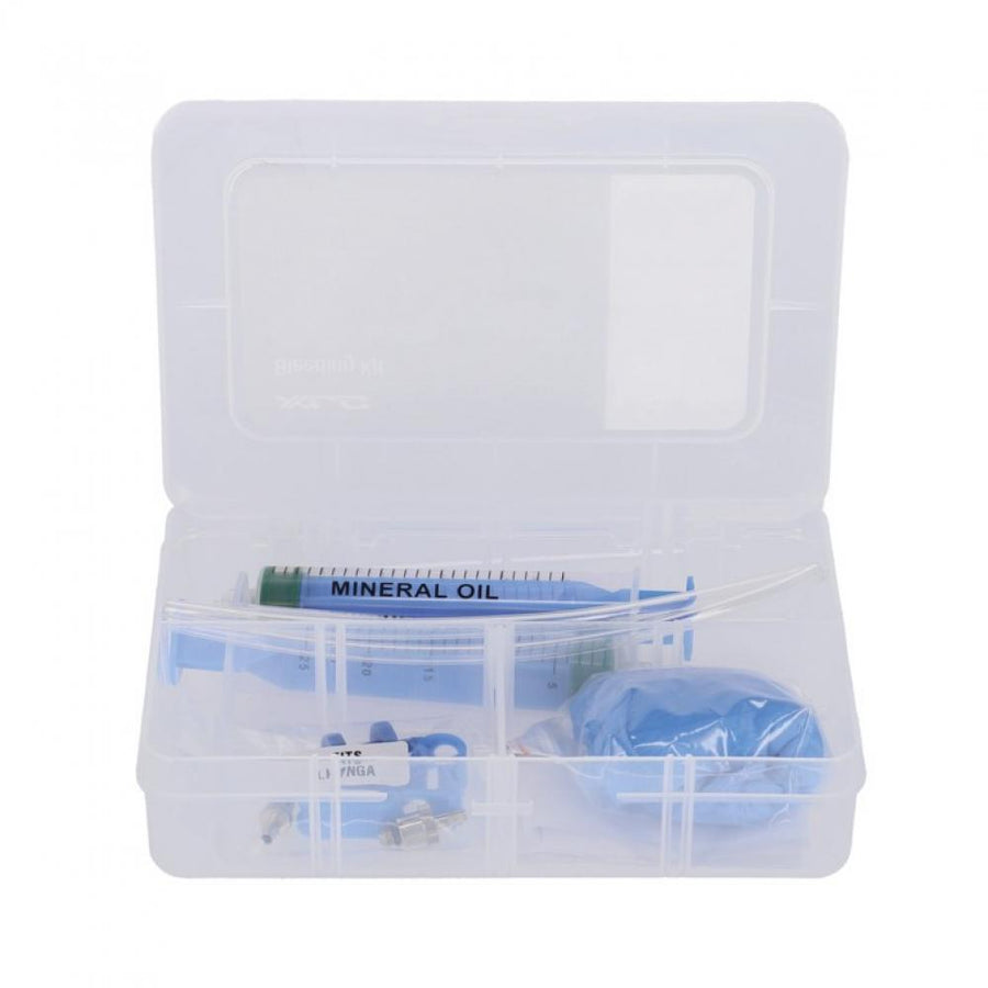 XLC BR-X66 Entlüftungsset für hydraulische Scheibenbremsen, enthält Spritze, Mineralöl und Zubehör in transparenter Box.