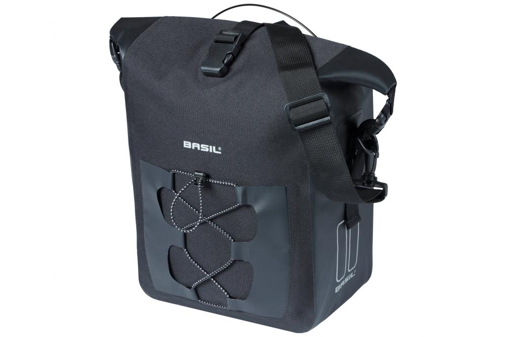 Schwarze Basil Navigator Waterproof M Fahrrad-Einzelpacktasche mit Rollverschluss, Schultergurt und Kordelzug.