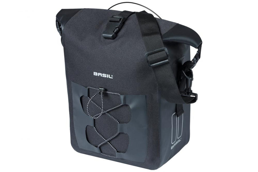 Schwarze Basil Navigator Waterproof M Fahrrad-Einzelpacktasche mit Rollverschluss, Schultergurt und Kordelzug.