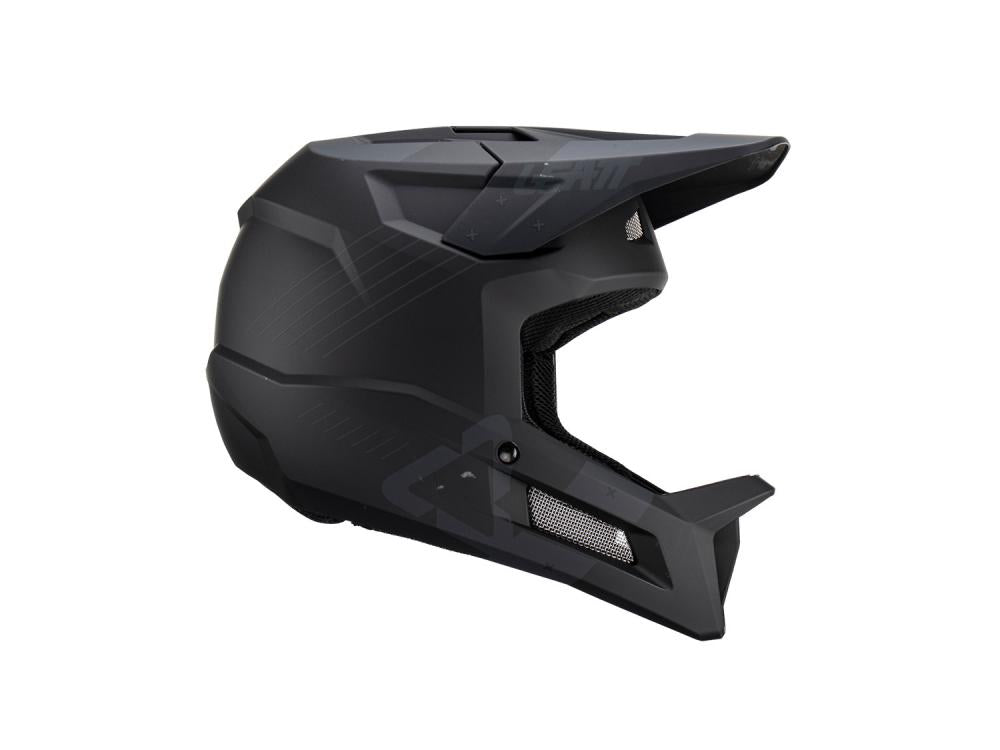 Schwarzer Leatt MTB Gravity 2.0 Stealth XXL Fullface-Fahrradhelm in der Seitenansicht.