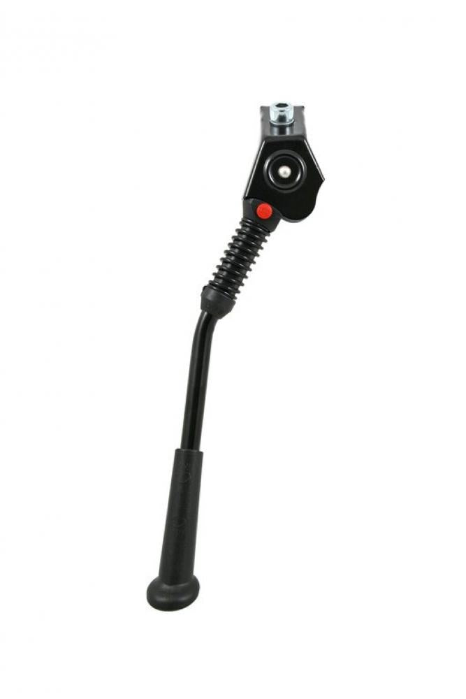 Schwarzer Hebie LEX M Fahrrad-Mittelbauständer, 26-28 Zoll, verstellbar, mit Feder und rotem Knopf.