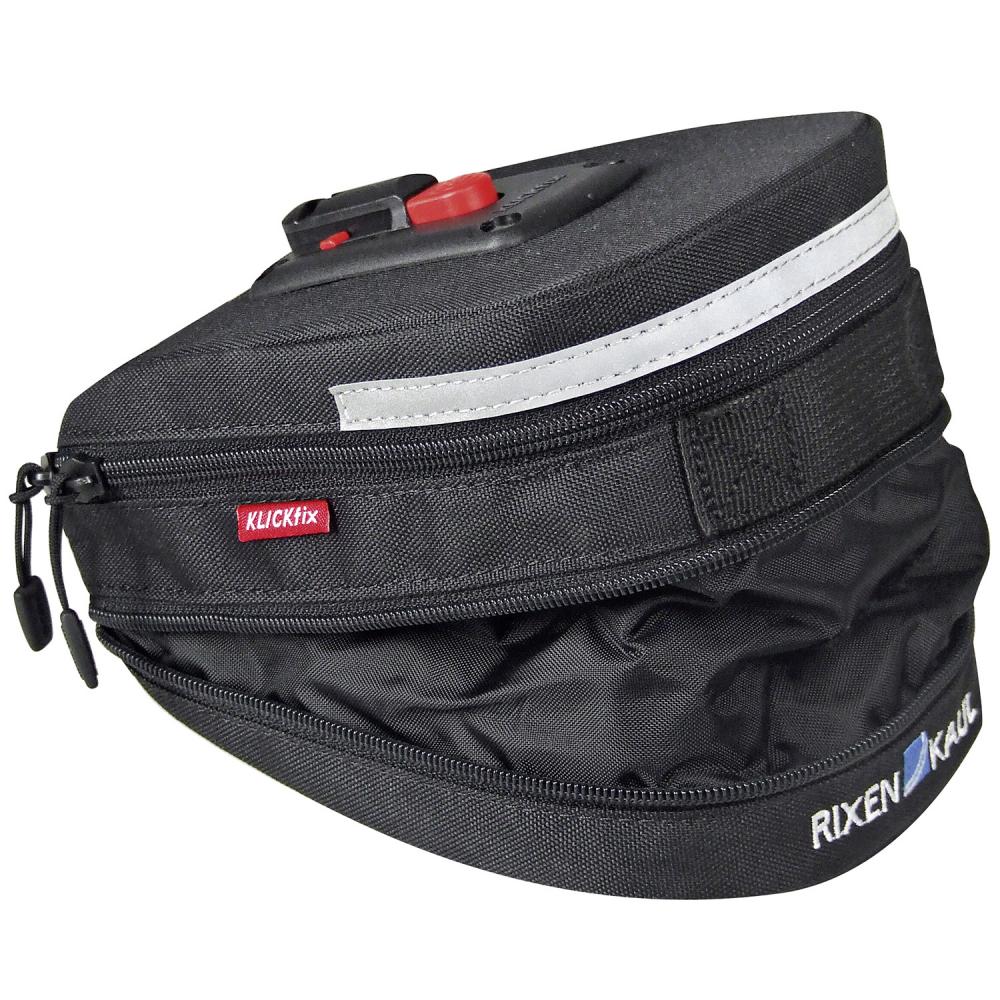 KLICKfix Satteltasche Micro 200 Expandable, schwarz, 1,5-2 Liter, 16×19×12 cm, inkl. Satteladapter, wasserdicht, Reflektor