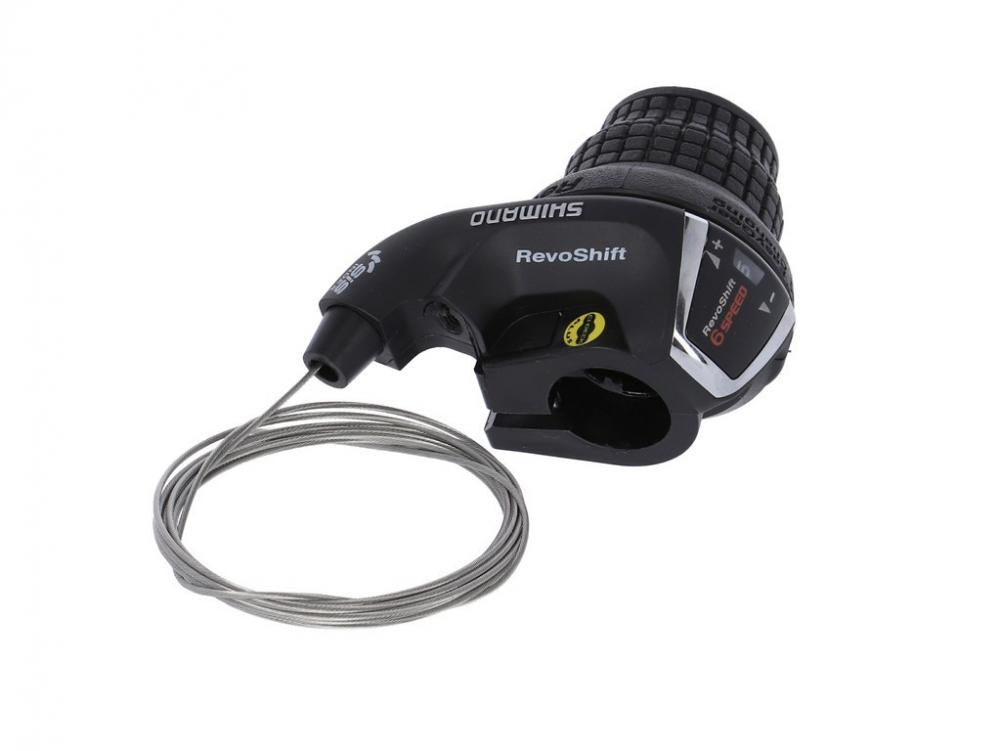 SHIMANO TOURNEY 6-fach Drehgriffschalter RevoShift in Schwarz mit Schaltzug auf weißem Hintergrund.