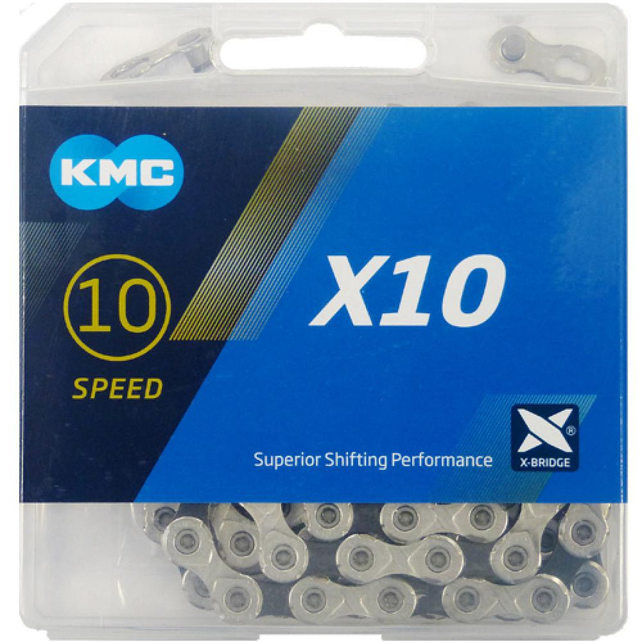 KMC X10 10-fach Fahrradkette in Silber mit MissingLink, X-Bridge für optimales Schalten.