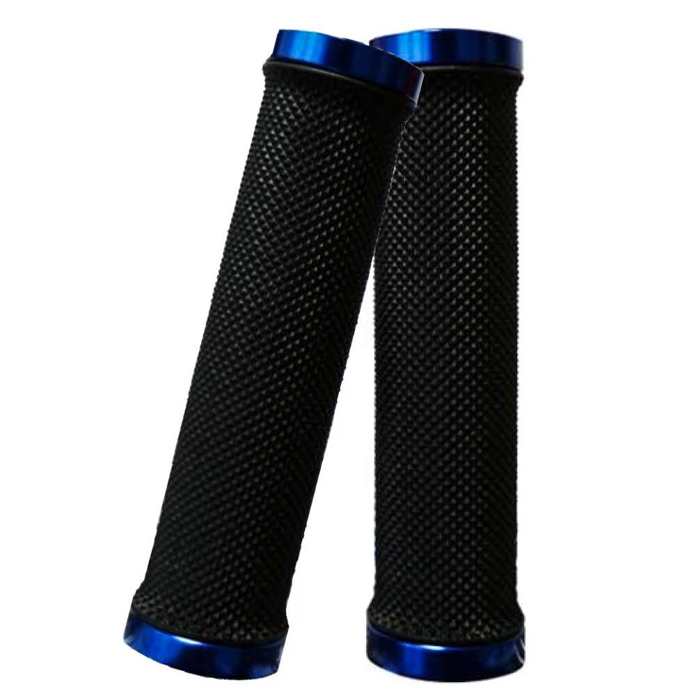 Zwei Ergotec Fahrrad Lenkergriffe Bilbao RSK-09/2, schwarz mit blauen Lock-On Ringen.