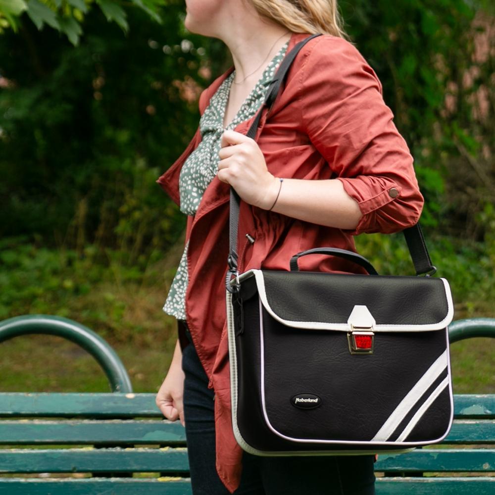Haberland Einzeltasche Kunstleder 10l Retro schwarz/weiß - stilvolle Fahrradtasche mit Schultergurt