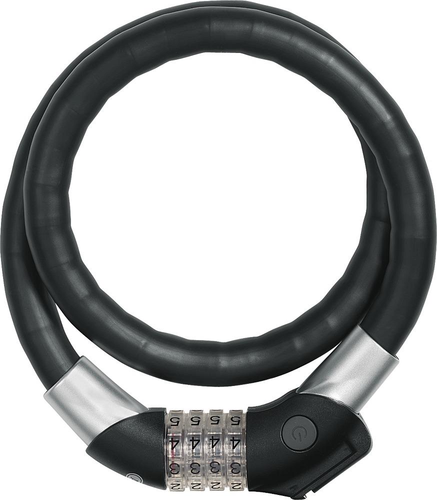 Schwarzes Abus Steel-O-Flex Raydo Pro 1460 TexKF Kabelschloss mit Zahlencode auf weißem Hintergrund.