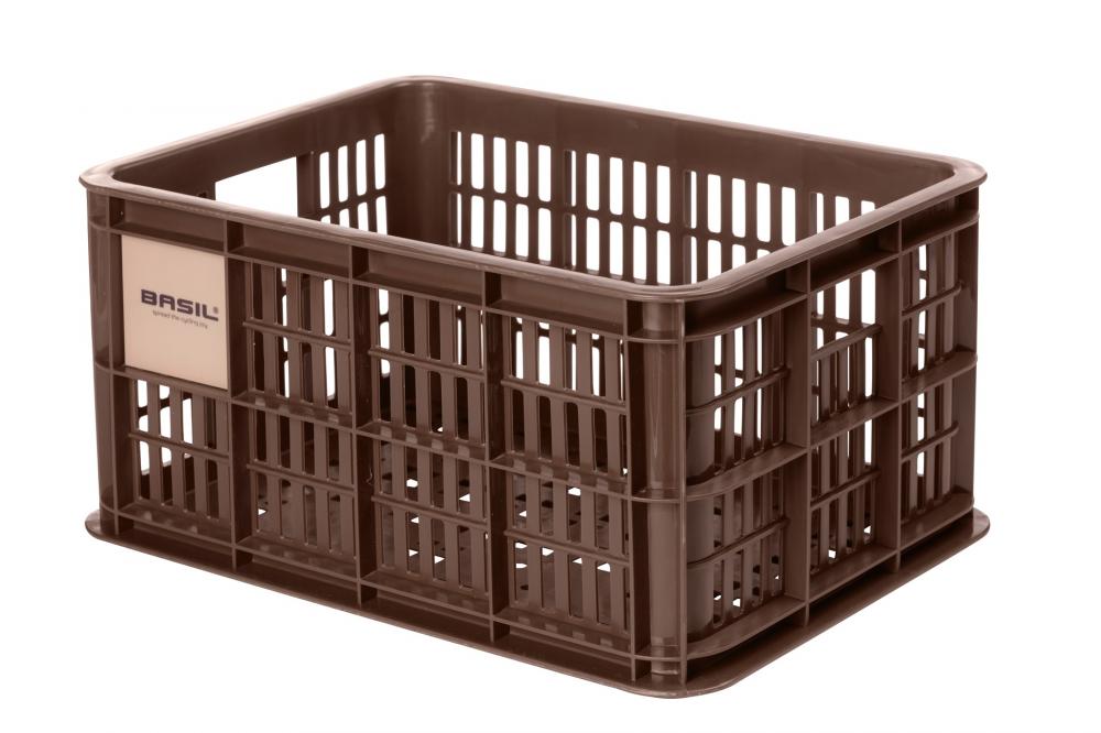Braune BASIL Crate S Fahrradkiste aus recyceltem Kunststoff (17,5L) für Front- oder Heckträger.