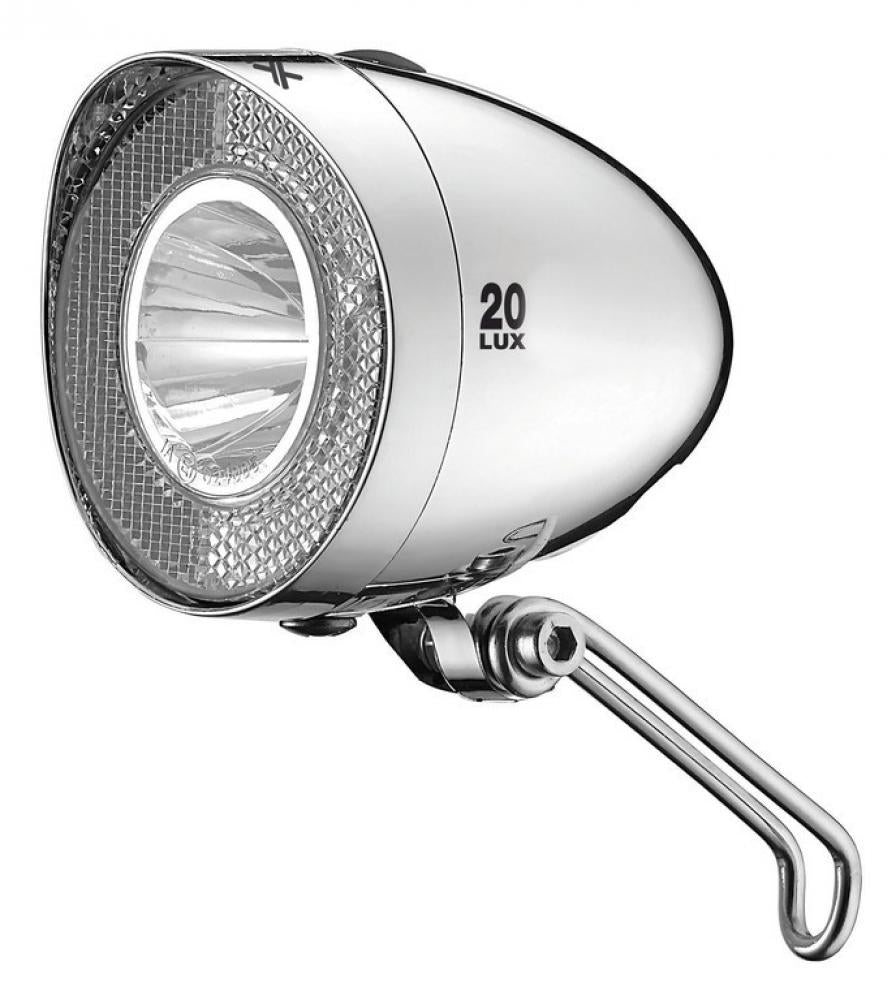 XLC Retro LED Fahrrad-Scheinwerfer, 20 Lux, batteriebetrieben, StVZO, Chrom, wasserbeständig, mit Reflektor & Halterung.